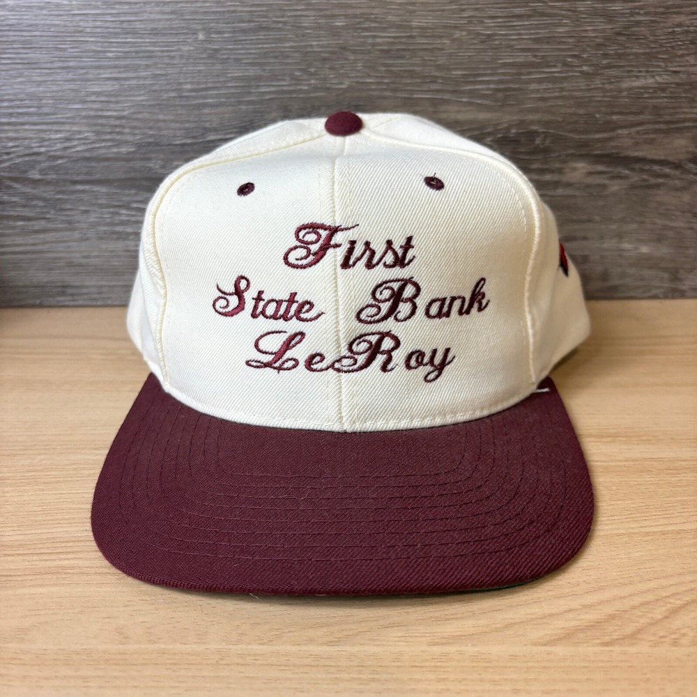 Vintage First State Bank LeRoy Hat Cap Snap Back White Maroon Adjustable